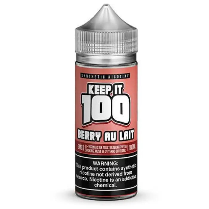 Bottle of e-liquid labeled ’Keep it 100 Berry Au Lait’ with a warning about nicotine content.