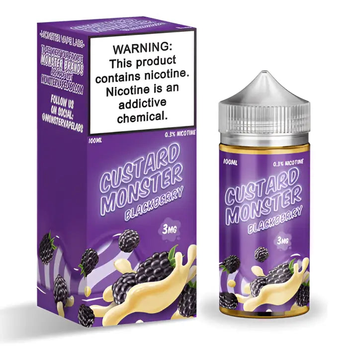 E-liquid bottle and packaging for ’Custard Monster’ vape juice in blackberry flavor.