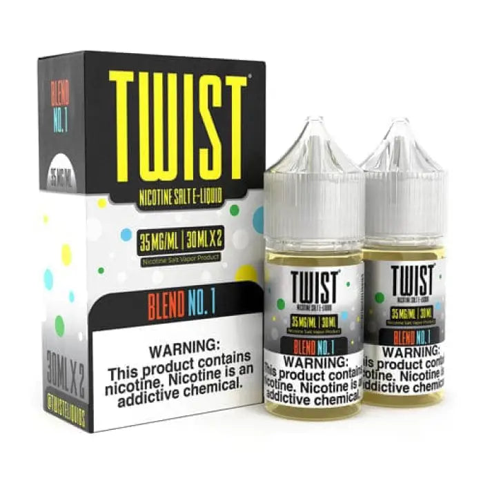 Vaping product packaging and e-liquid bottles labeled ’TWIST’ with warning labels about nicotine content.