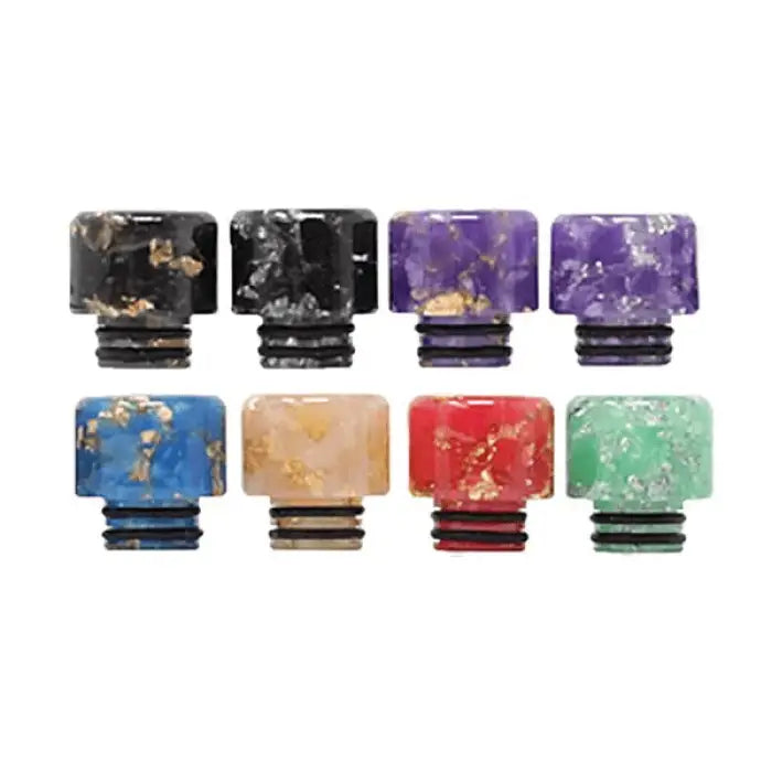 Colorful resin drip tips for vaping devices in various marbled patterns.