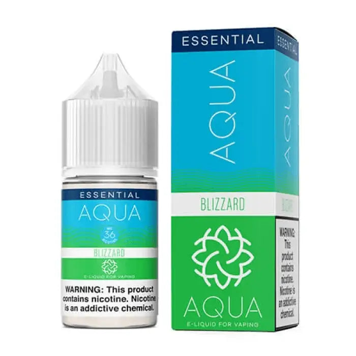 E-liquid bottle and packaging for Aqua Essential Blizzard flavor vape juice.