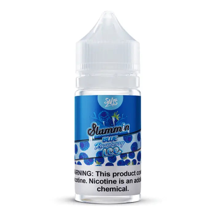 Bottle of blue raspberry flavored e-liquid or vape juice labeled ’Shaman’s Blue Ice’.