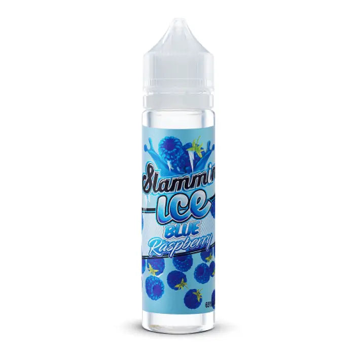 Bottle of ’Blummi Ice Blue Raspberry’ e-liquid or vape juice with a blue and white label featuring blueberry imagery.