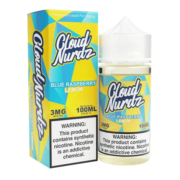 E-liquid bottle and packaging for Cloud Nurdz Blue Raspberry Lemon flavor vape juice.