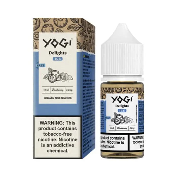 Bottle and packaging of Yogi Delights e-liquid in blueberry flavor.