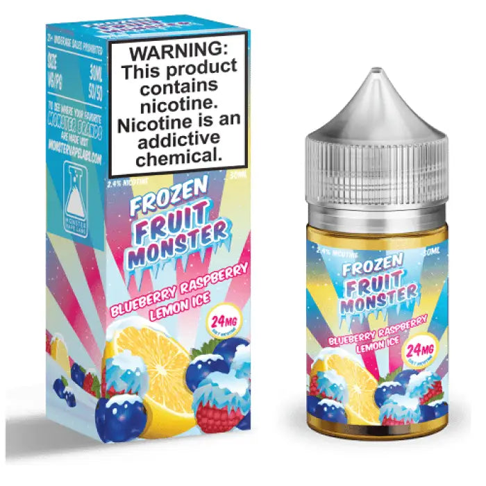 E-liquid bottle and packaging for ’Frozen Fruit Monster’ vape juice flavor.