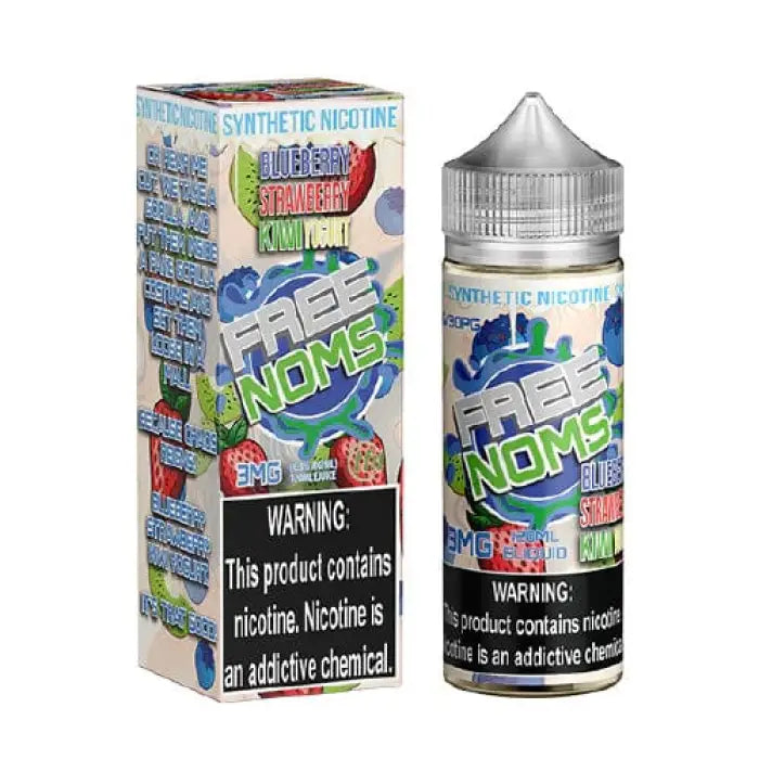 E-liquid bottle and packaging for a vape product called ’Free Noms’ with colorful fruit imagery.