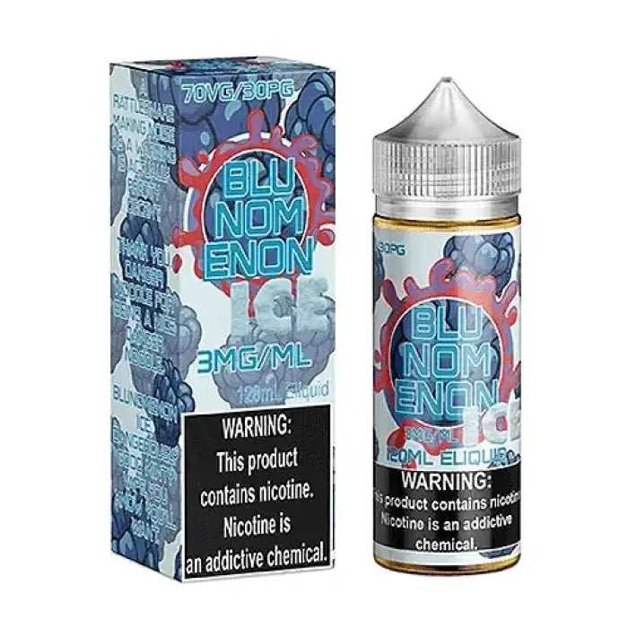 E-liquid bottle and packaging for ’Blu Nomenon Ice’ vape juice.