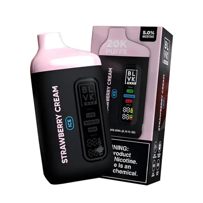 Black and pink vape device with ’Strawberry Cream’ flavor labeling and its packaging.