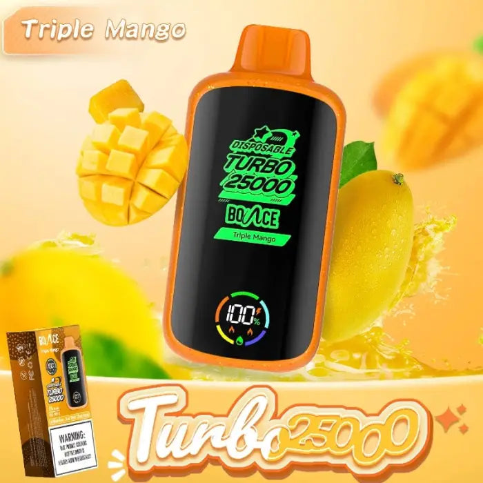 Orange and black disposable vape device with ’Turbo 25000’’ branding.