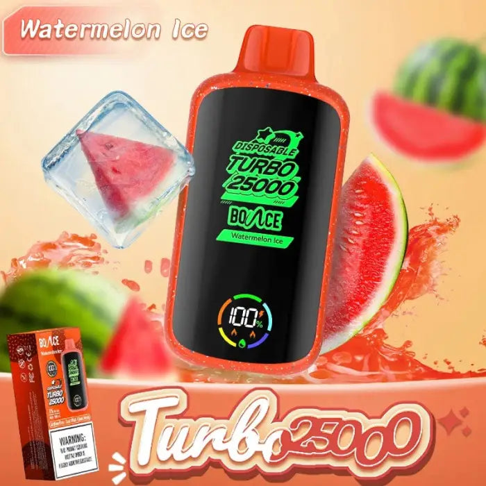 Disposable vape device with ’Turbo 25000’’ branding and watermelon flavor.