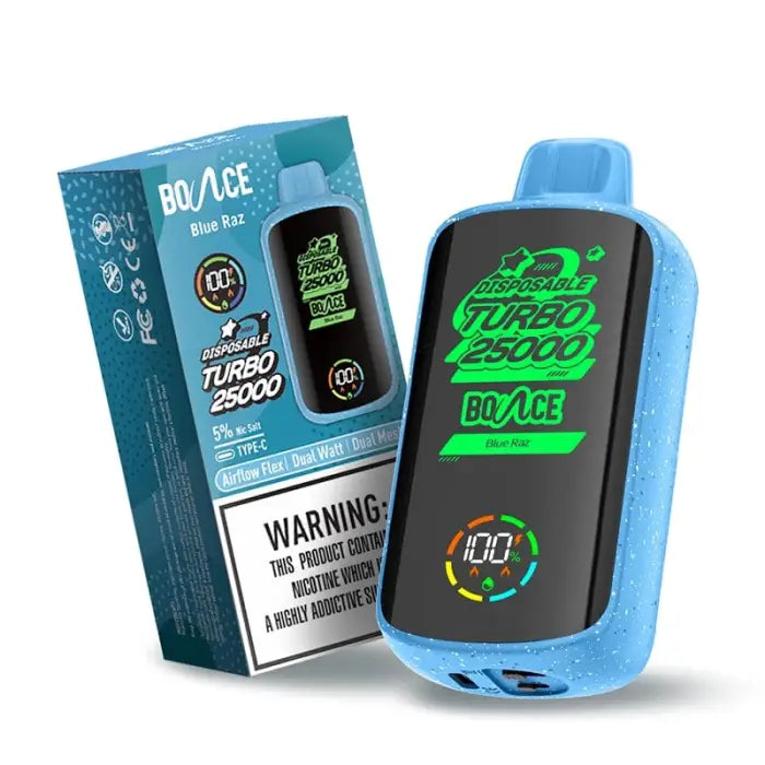 Electronic vaping device with a bright blue body and green digital display.