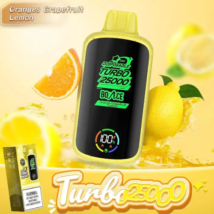 Disposable vape device with a black body and bright green cap displaying ’Turbo 25000’’ branding.