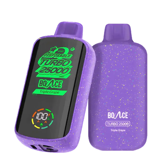 Purple electronic vaping device with a digital display screen.