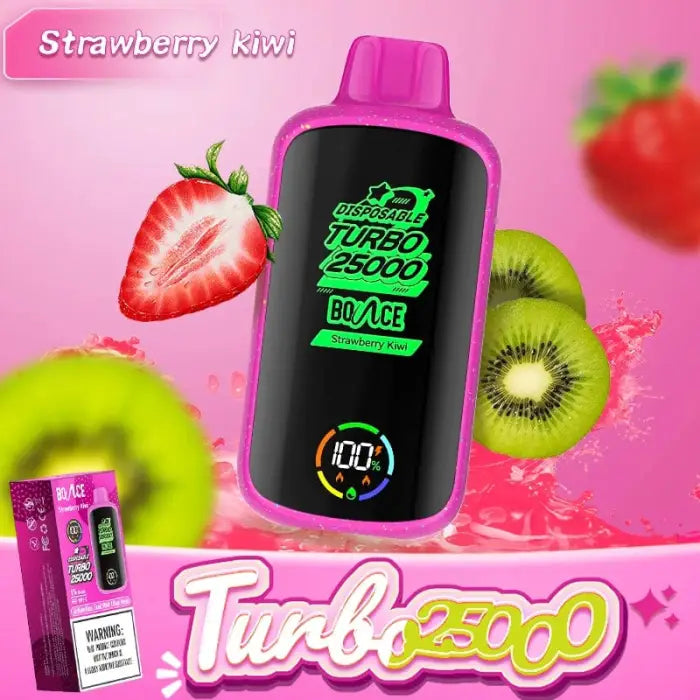 Disposable vape device with ’Turbo 25000’’ branding in pink and green colors.