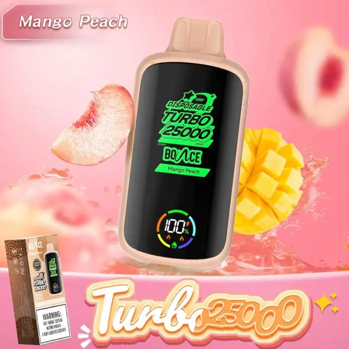 Disposable vape device with ’Turbo 25000’’ branding and a digital display showing battery level.