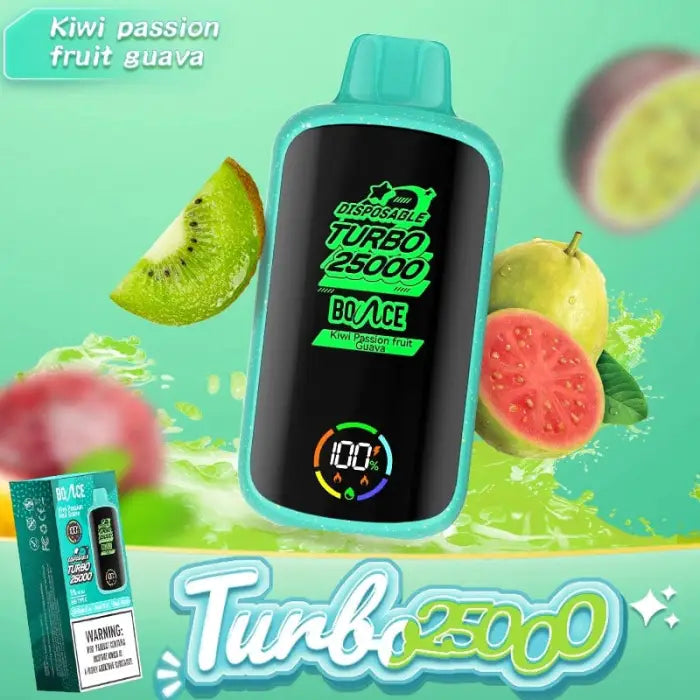 Disposable e-cigarette or vape device in turquoise and black with ’Turbo 25000’’ branding.