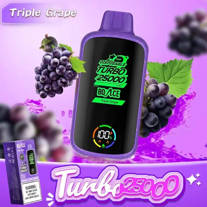 Purple electronic vaping device with a digital display showing ’Turbo 25000’’ and grape imagery.