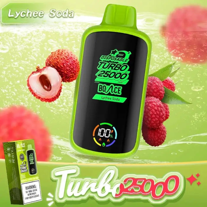 Disposable vape device with green accents displaying ’Turbo 25000’’ branding.