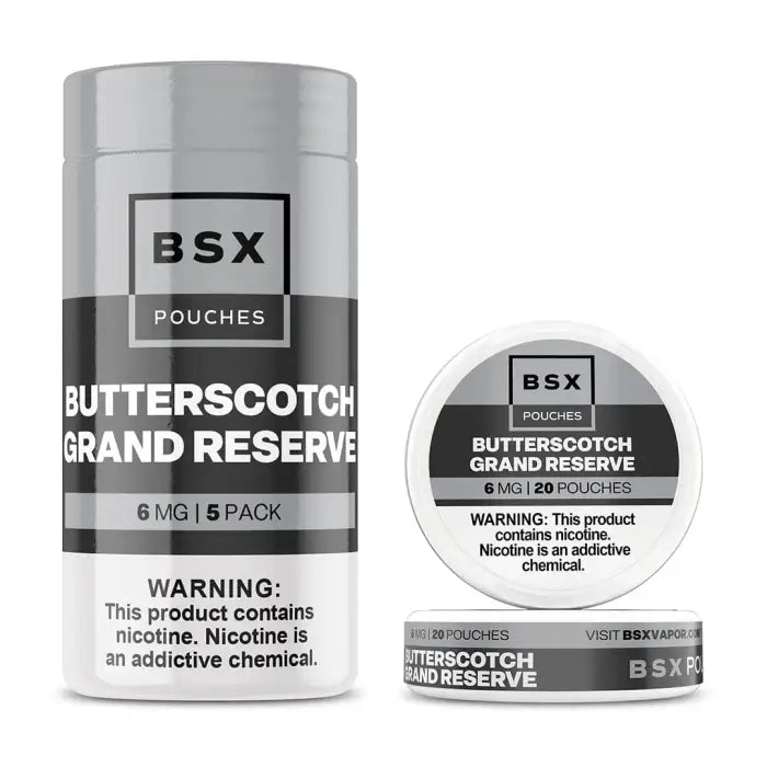 Cylindrical container of BSX Butterscotch Grand Reserve nicotine pouches with a warning label.