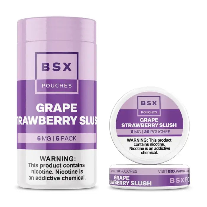 Cylindrical container of BSX Grape Strawberry Slush nicotine pouches with a matching circular tin.