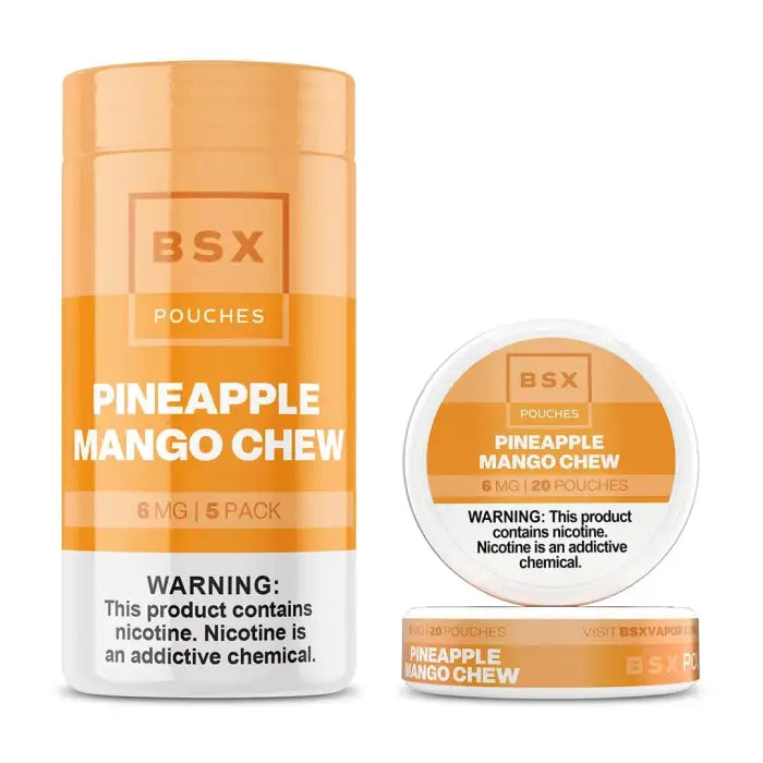 Cylindrical container of BSX Pineapple Mango Chew nicotine pouches with accompanying product tins.