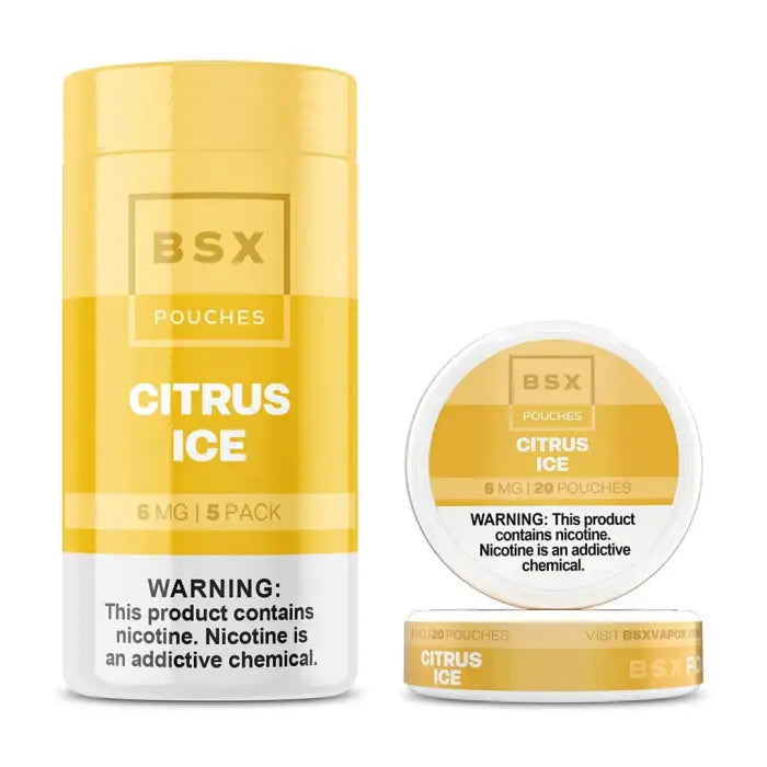 Cylindrical yellow container of BSX Citrus Ice nicotine pouches with accompanying product tins.