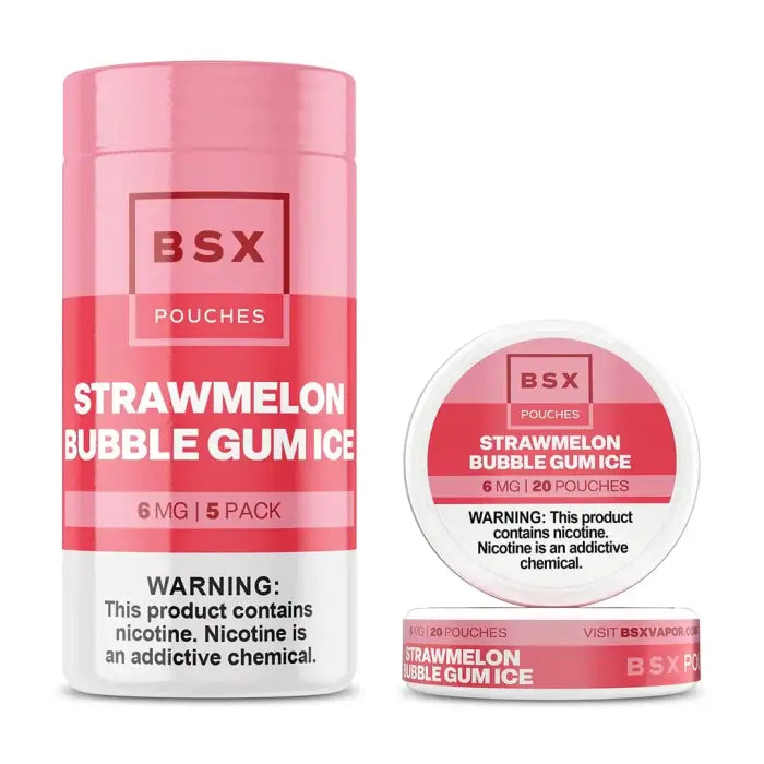 Pink cylindrical container labeled ’BSX Strawmelon Bubble Gum Ice’ with a warning about nicotine content.