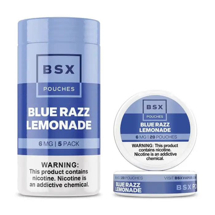 Cylindrical container and circular tin of Blue Razz Lemonade nicotine pouches by BSX.