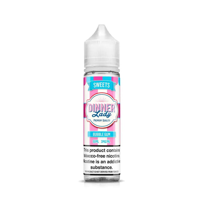 Bottle of e-liquid labeled ’Dinner Lady’ in pink and blue colors.