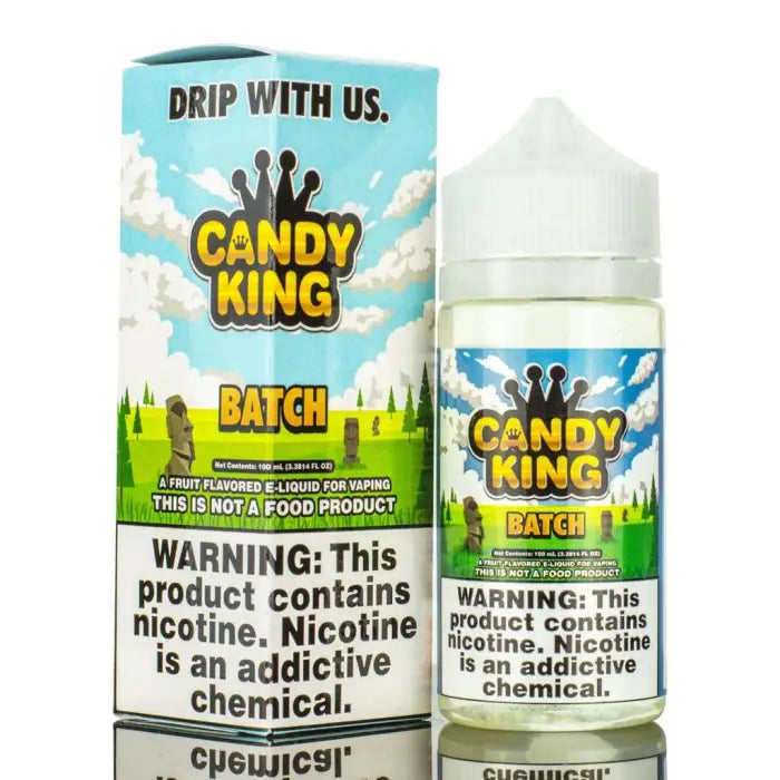 E-liquid bottle and packaging for a vape product called ’Candy King Batch’.