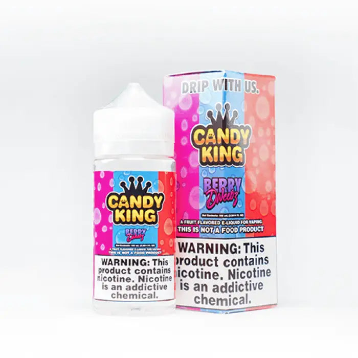 Bottle of ’Candy King’ e-liquid in Berry Dweebz flavor with its packaging box.