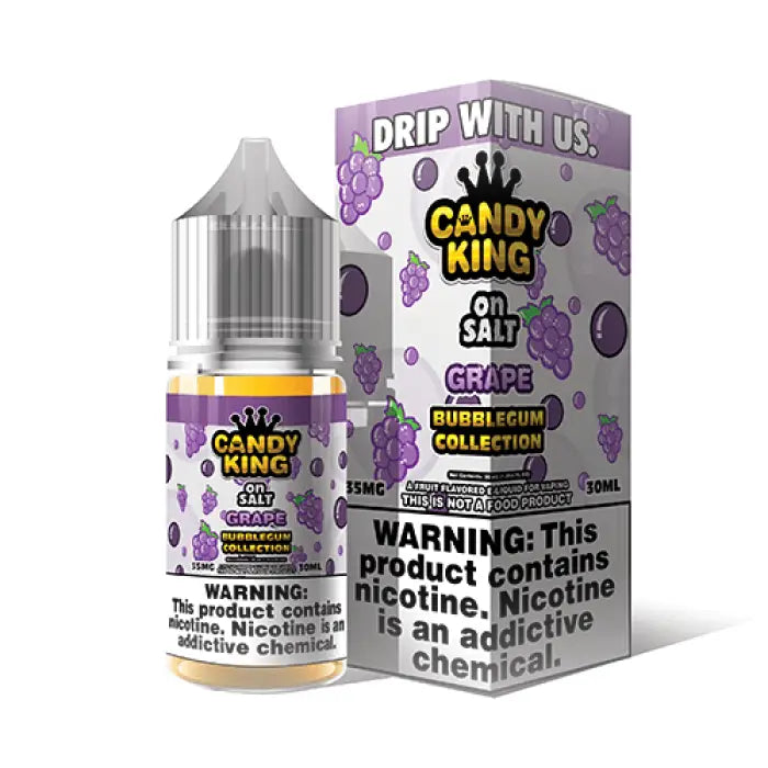 Bottle of grape-flavored e-liquid with its product packaging.