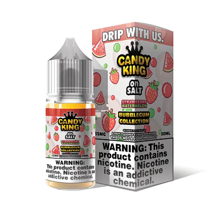 Bottle of strawberry-flavored e-liquid with its product packaging.