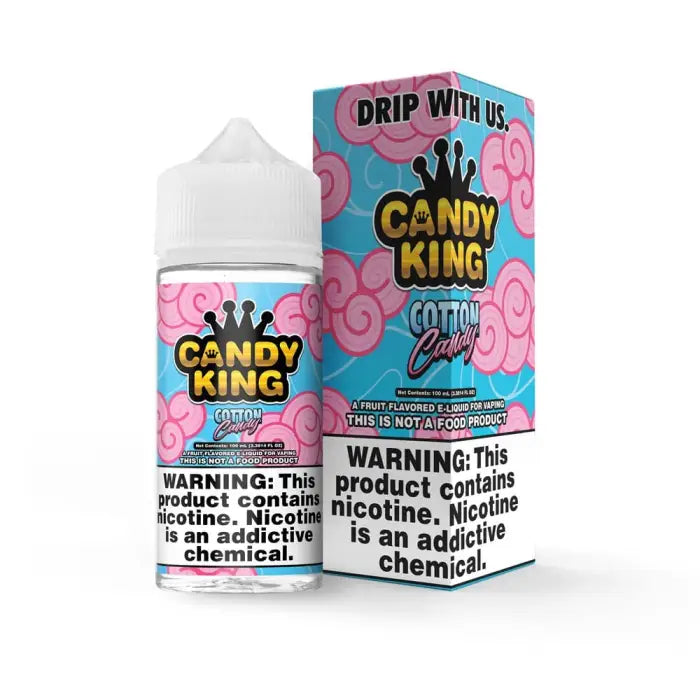 E-liquid bottle and packaging for ’Candy King Cotton Candy’ flavor vape juice.