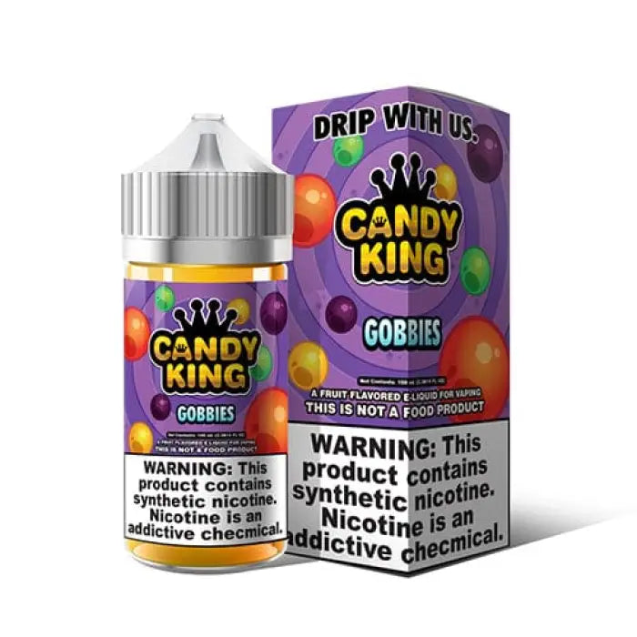 Bottle of ’Candy King Gobbies’ e-liquid with colorful candy graphics and warning labels.