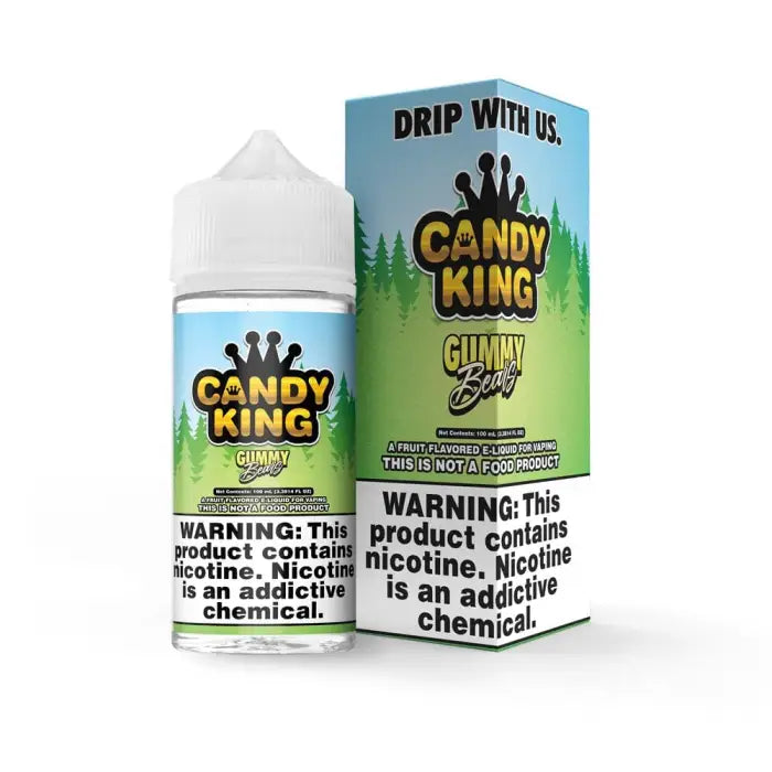 E-liquid bottle and packaging for ’Candy King Gummy Berry’ vape juice.