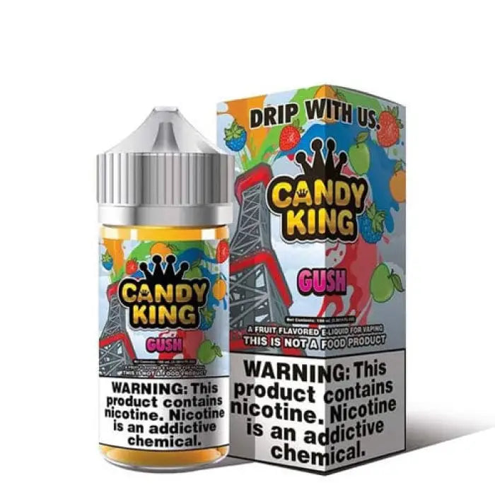 Colorful e-liquid bottle and packaging for ’Candy King’ brand vape juice in ’Gush’ flavor.