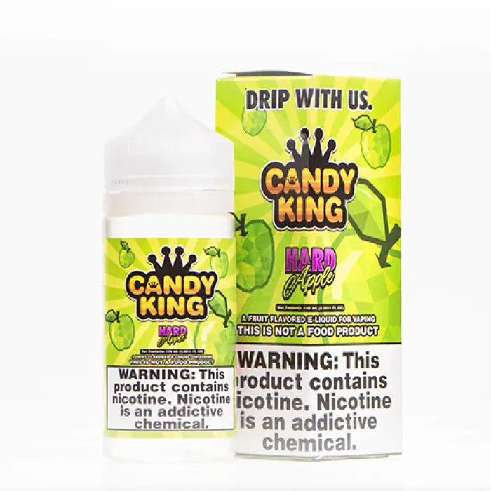 Vape juice bottle and packaging with ’Candy King’ branding and green apple imagery.