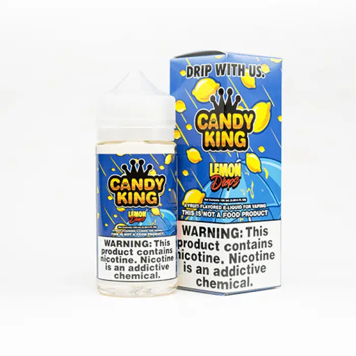 Bottle and box of ’Candy King’ lemon drop flavored e-liquid for vaping.