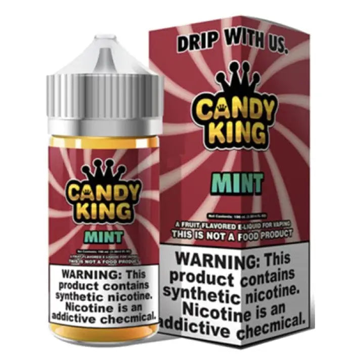 E-liquid bottle and packaging for ’Candy King Mint’ vape juice with prominent warning labels.