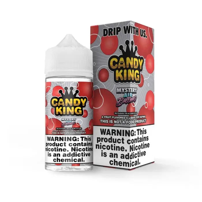 E-liquid bottle and packaging for ’Candy King’ vape juice in the ’Mystery’ flavor.