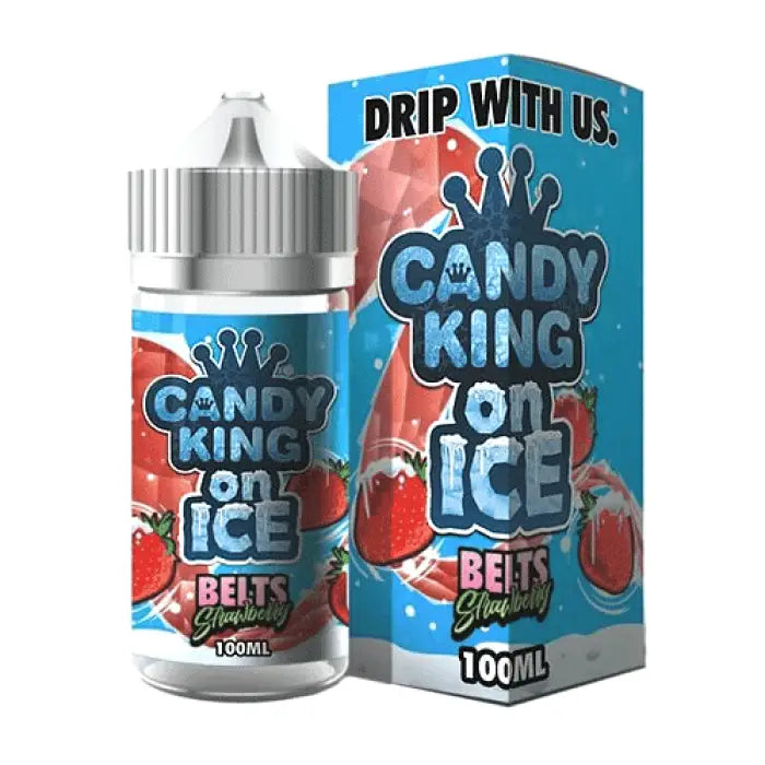 E-liquid bottle and packaging for ’Candy King on Ice’ vape juice in strawberry belt flavor.