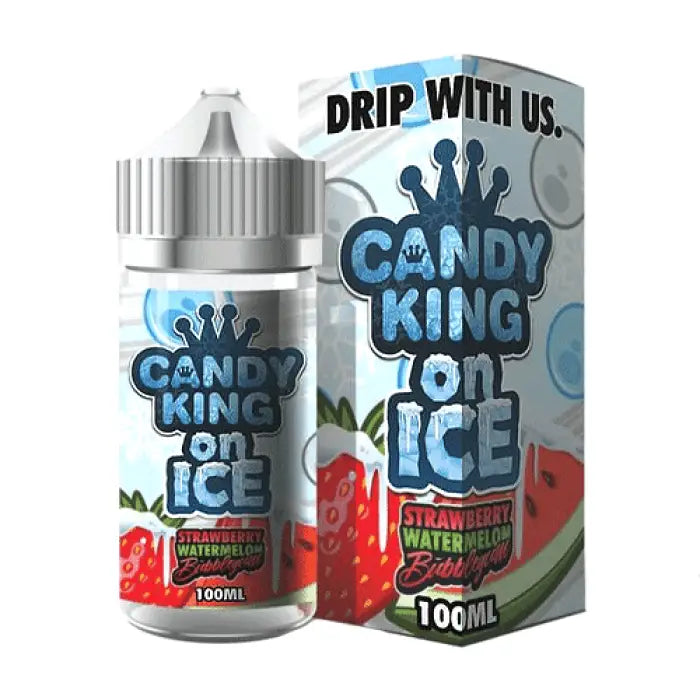 E-liquid bottle and packaging for ’Candy King on Ice’ strawberry watermelon flavor.