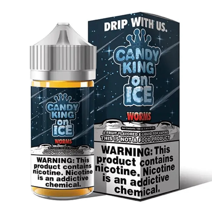 E-liquid bottle and packaging for a vaping product called ’Candy King on Ice’.