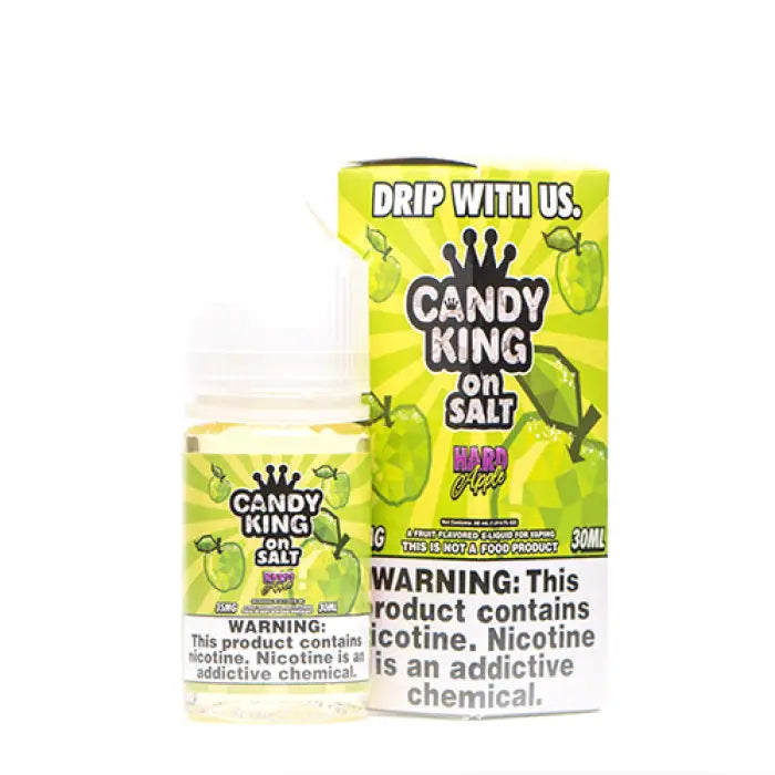 Bottle of ’Candy King’ e-liquid with a green apple flavor and nicotine warning label.