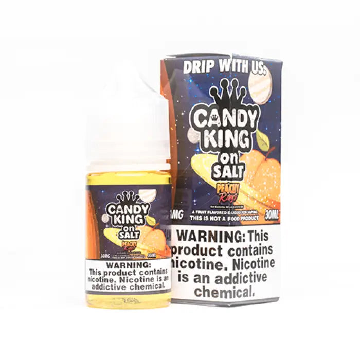 E-liquid or vape juice product called ’Candy King on Salt’ with packaging featuring a colorful design and warning labels.