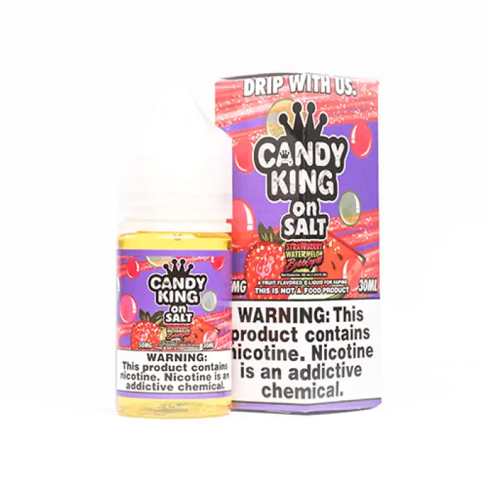 Colorful e-liquid bottle and packaging for ’Candy King on Salt’ vape juice.