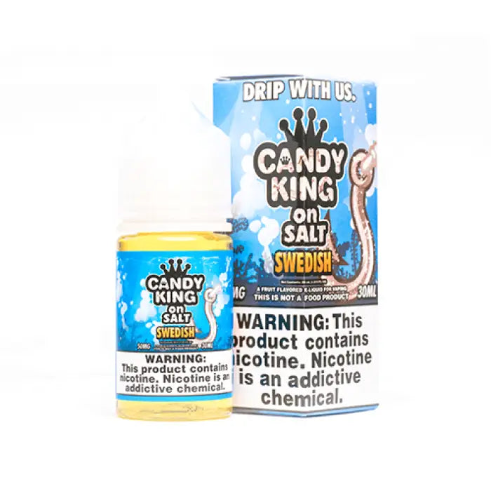 Vaping product labeled ’Candy King on Salt Swedish’ with colorful packaging featuring a crown logo.