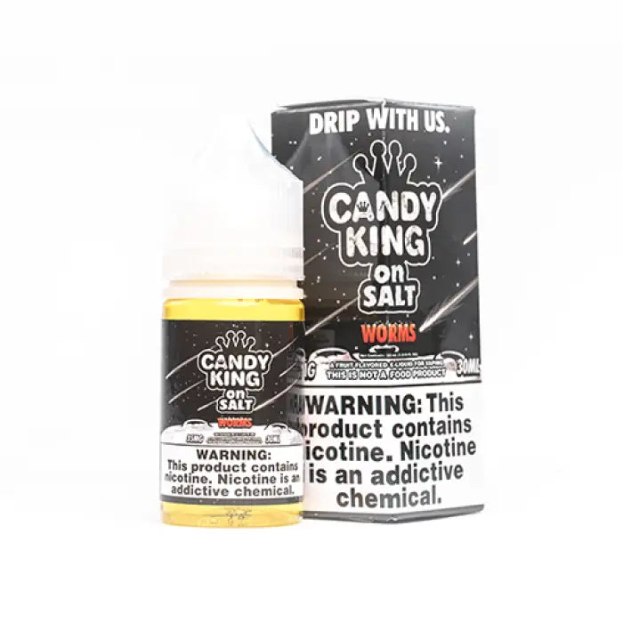 Bottle and packaging of ’Candy King on Salt’ e-liquid with warning labels about nicotine content.